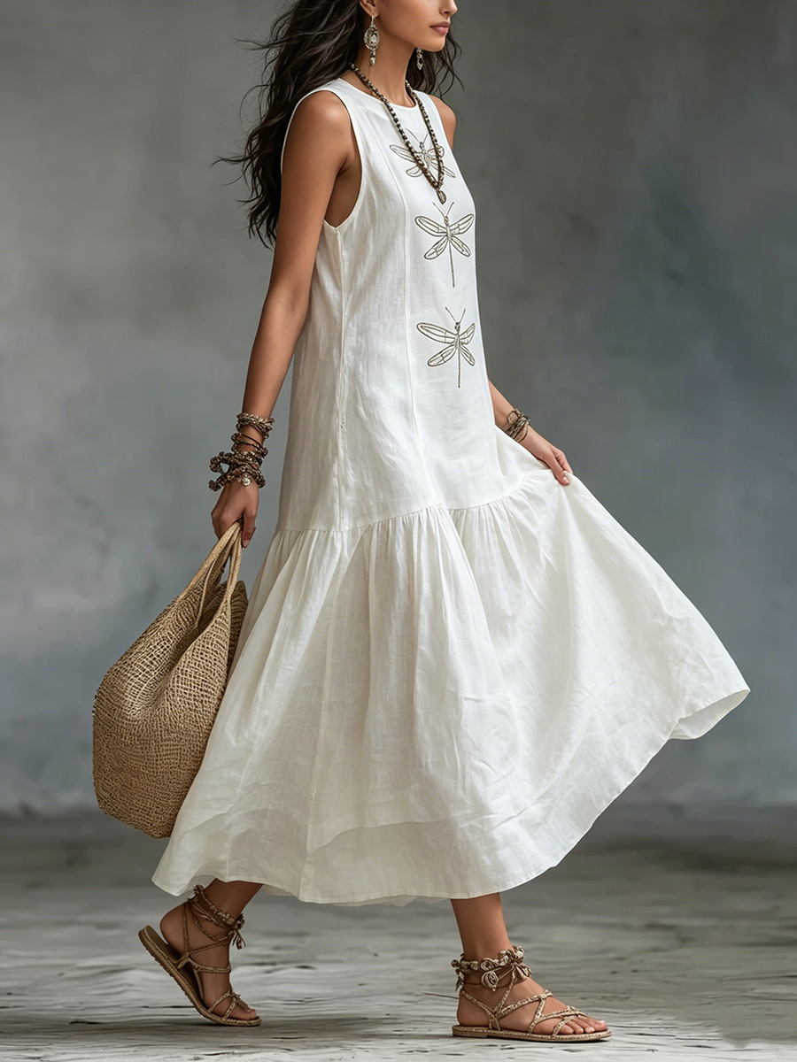 Kevina | Sleeveless Dragonfly Print Tiered Maxi Dress
