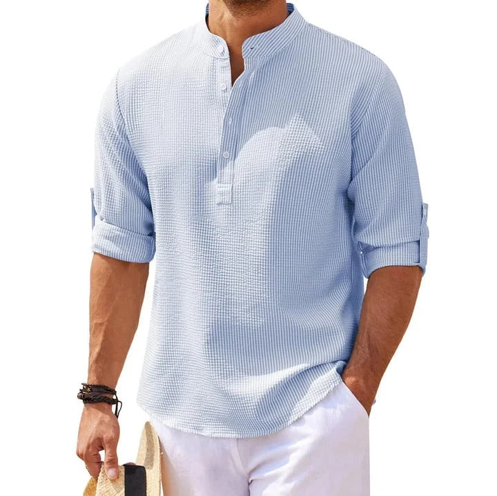 Tjeerd | Textured Grandad Collar Roll Sleeve Shirt