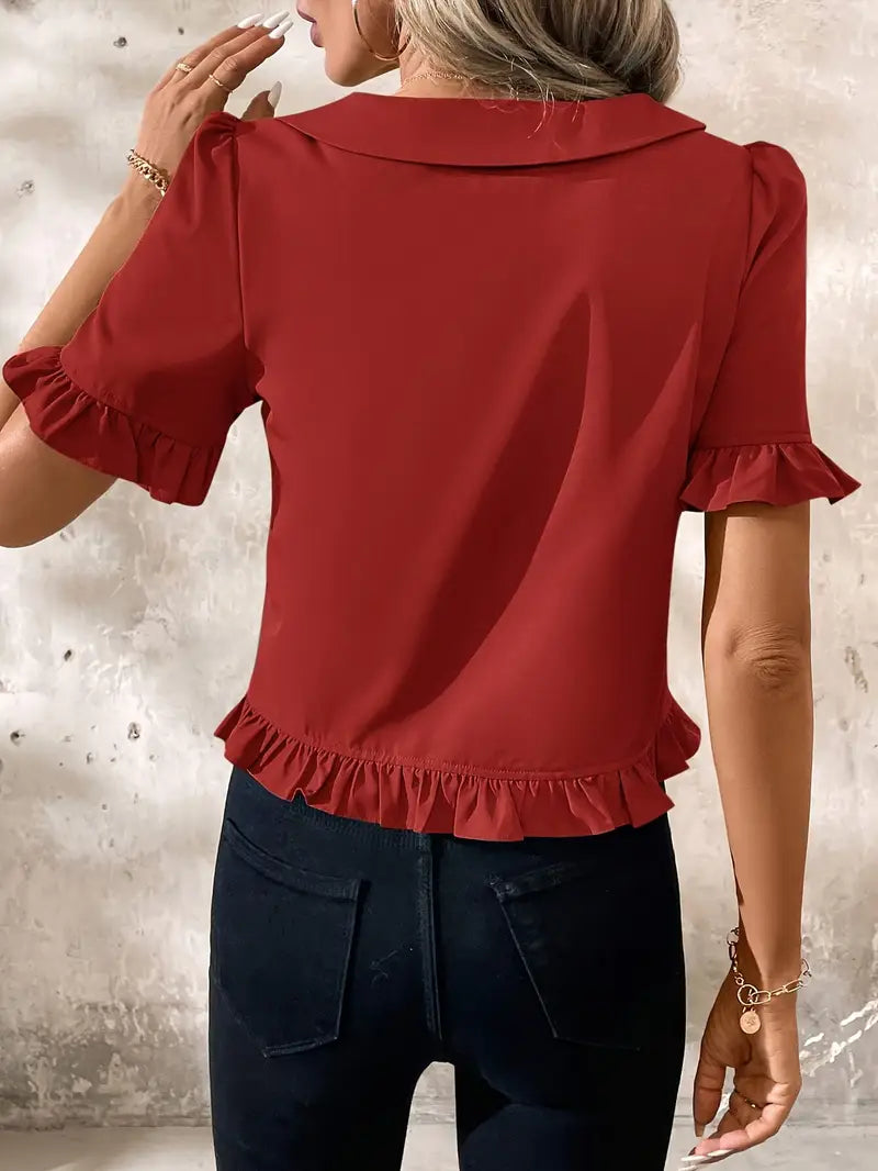 Foteini - Short Sleeve Ruffle Hem Button Blouse