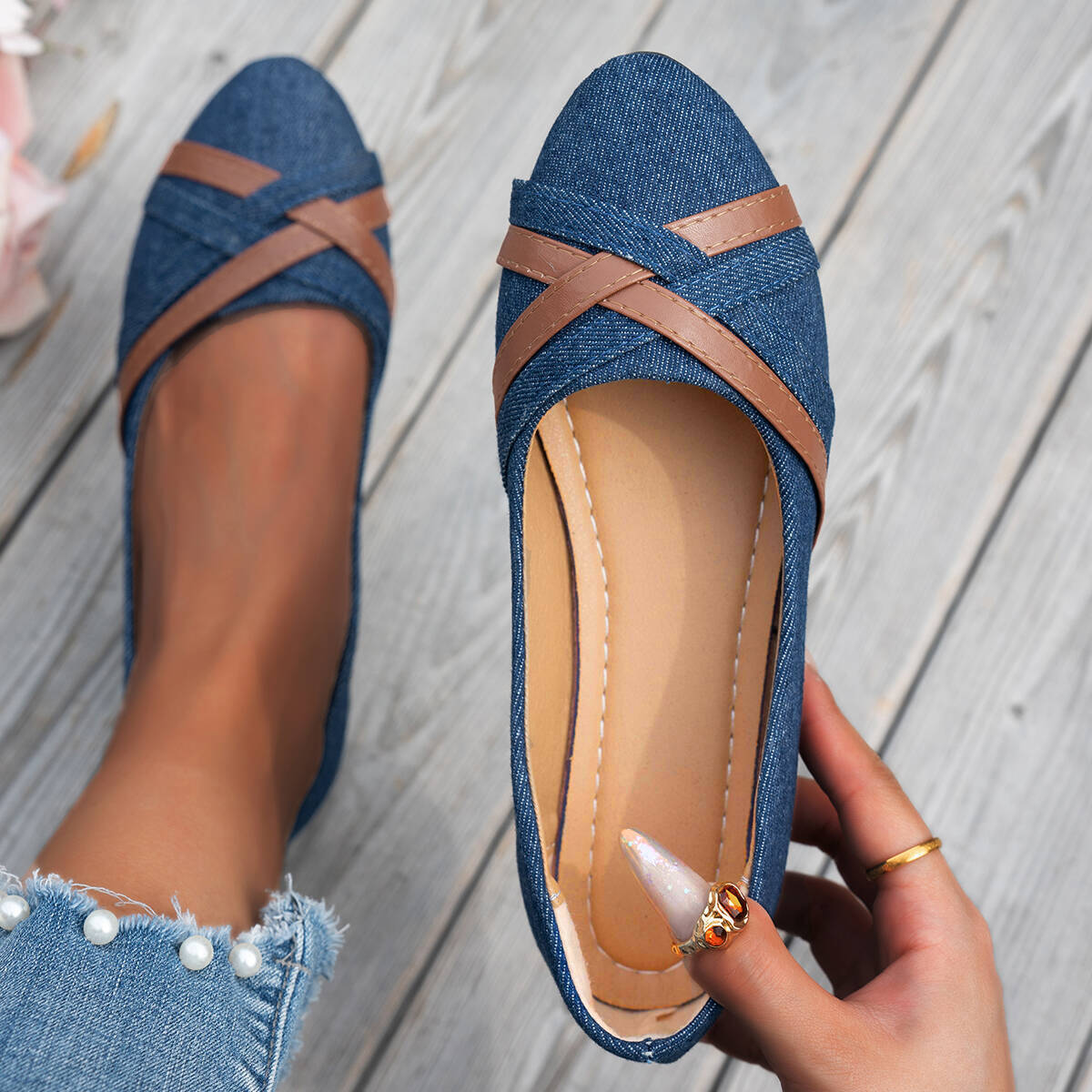 Shakina | Denim-Style Cross Strap Ballet Flats