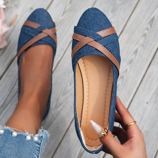 Shakina | Denim-Style Cross Strap Ballet Flats