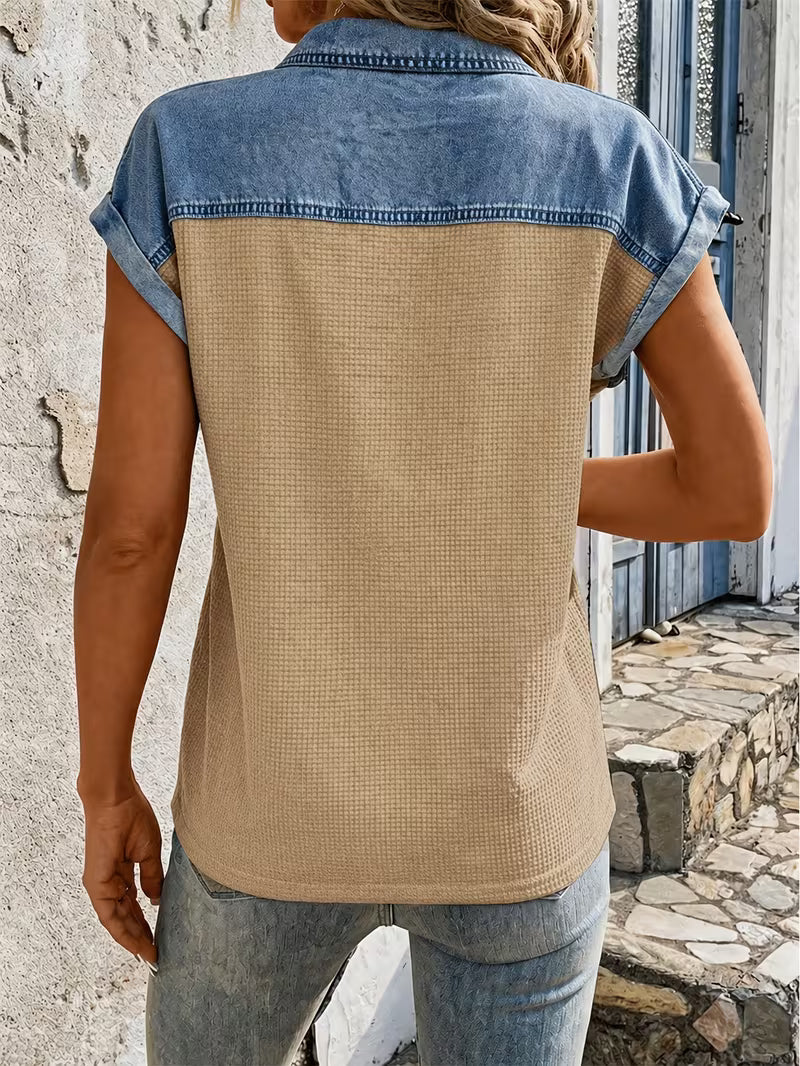 Haily | Cap Sleeve Button Front Collared Top