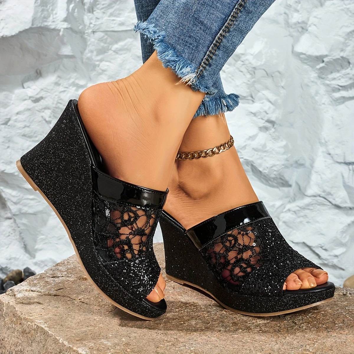 Alexis | Wedge Sandals With Lace Glitter Panel