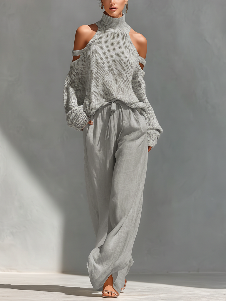 Elyzia | Trouser Set With Knitted Cold Shoulder Top