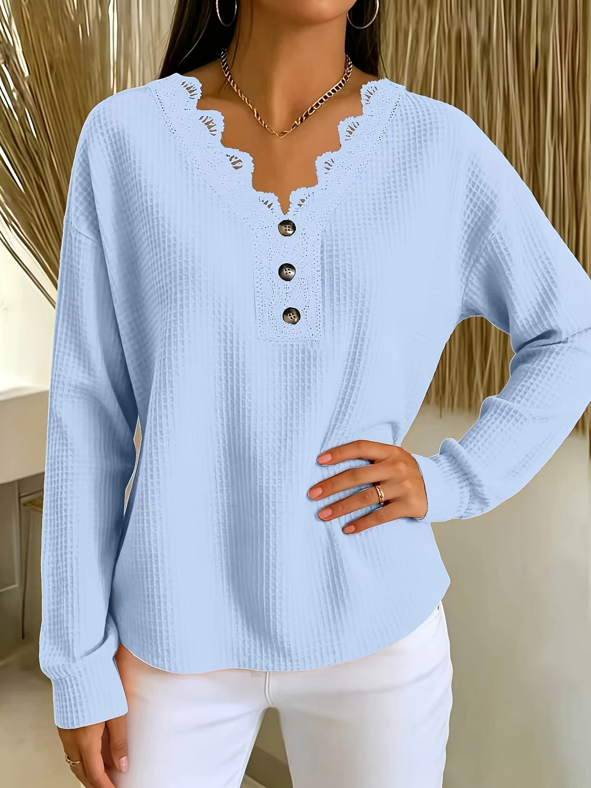 Brigeaia | Long Sleeve Lace Top with Button Front
