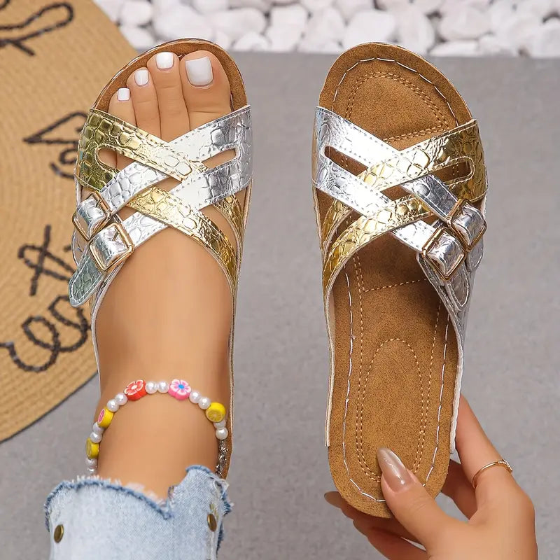 Deniza | Cross Strap Double Buckle Slide Sandals