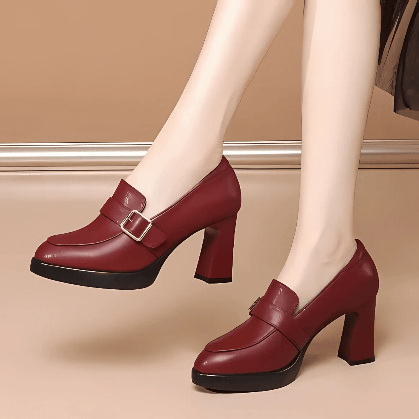 Lueena - Round Toe Block Heel Court Shoes