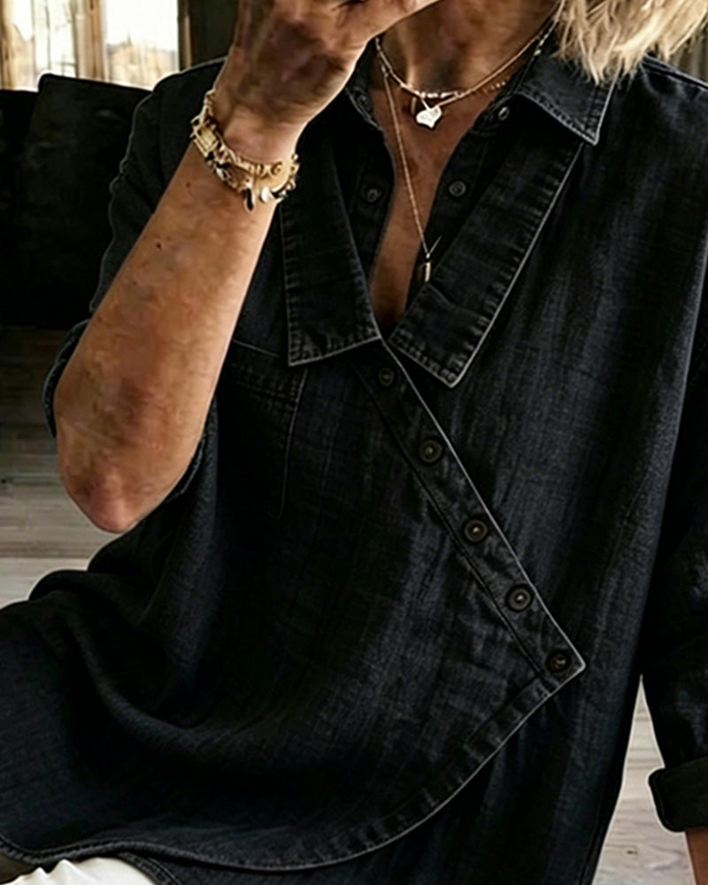 Olizia | Denim-Style Wrap Button Blouse