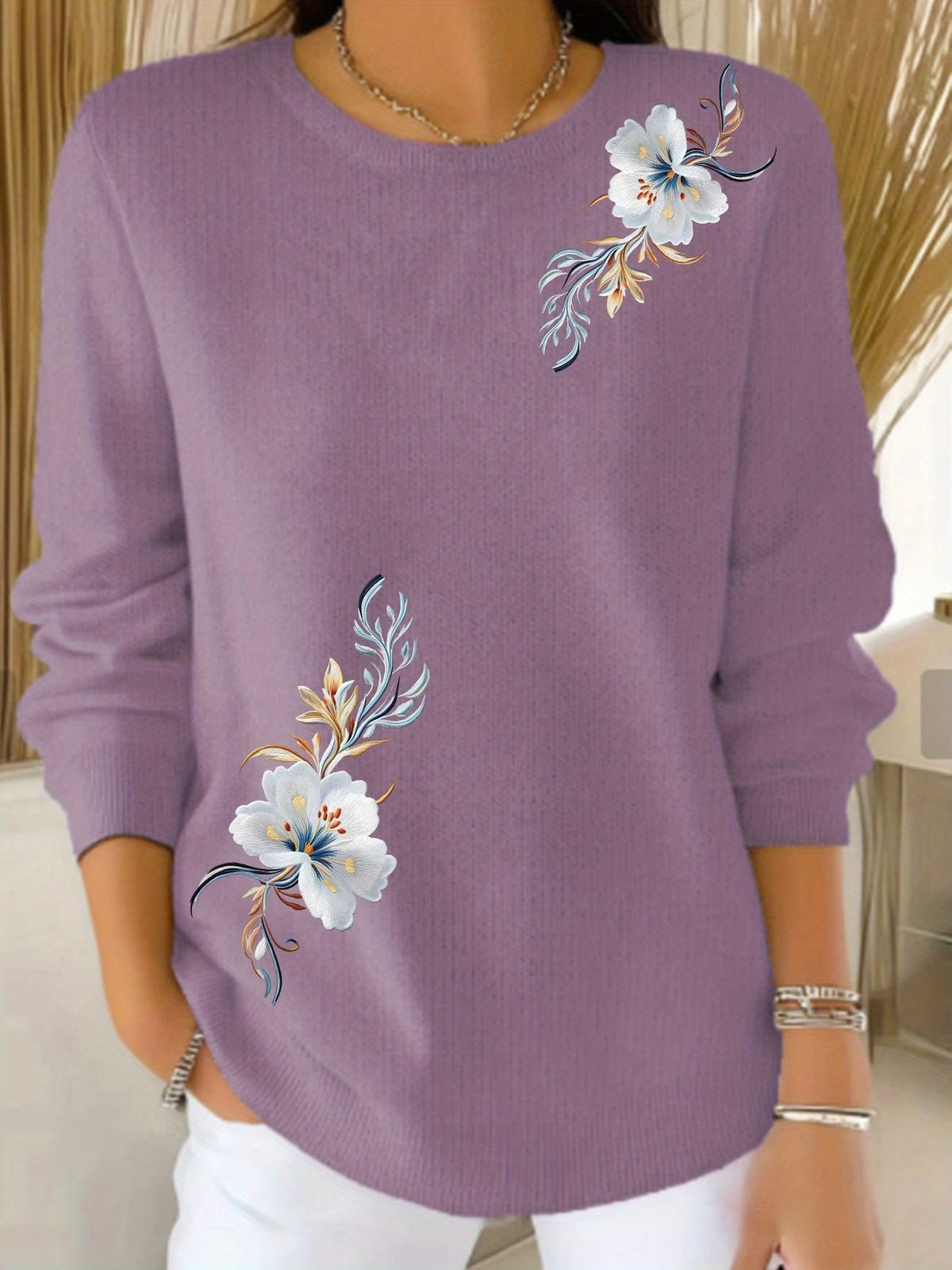 Adelurella | Floral Long Sleeve Jumper with Round Neck
