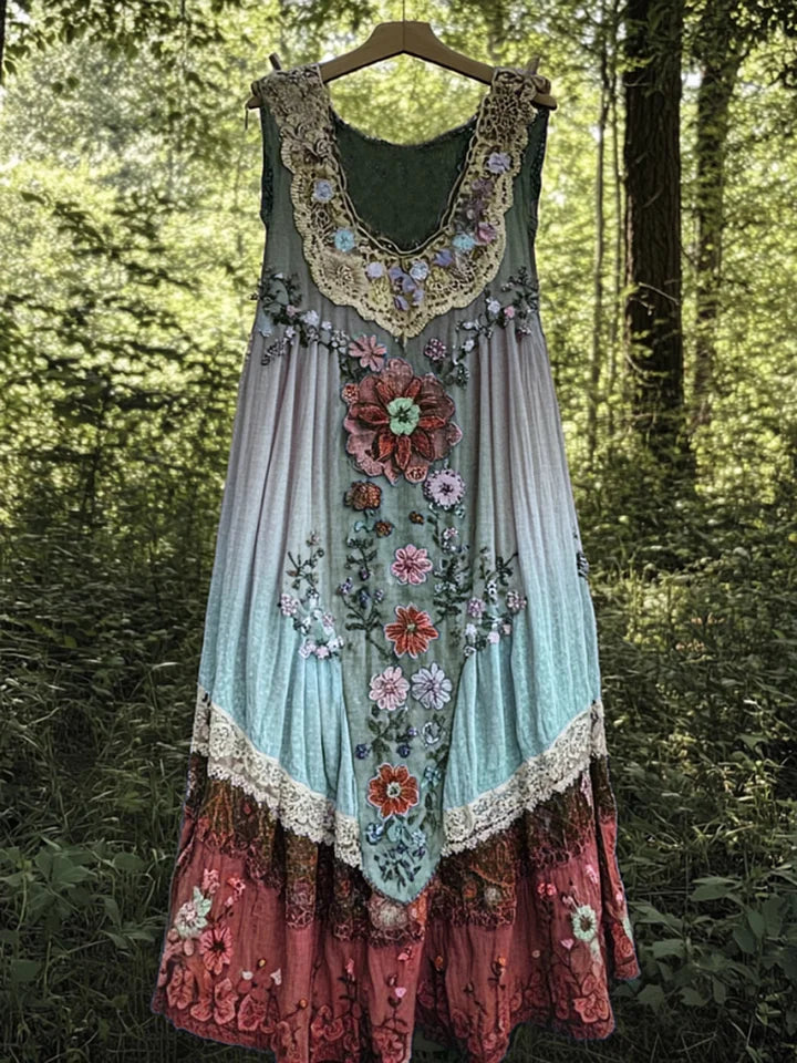 Evabella | Sleeveless Patchwork Floral Midi Dress