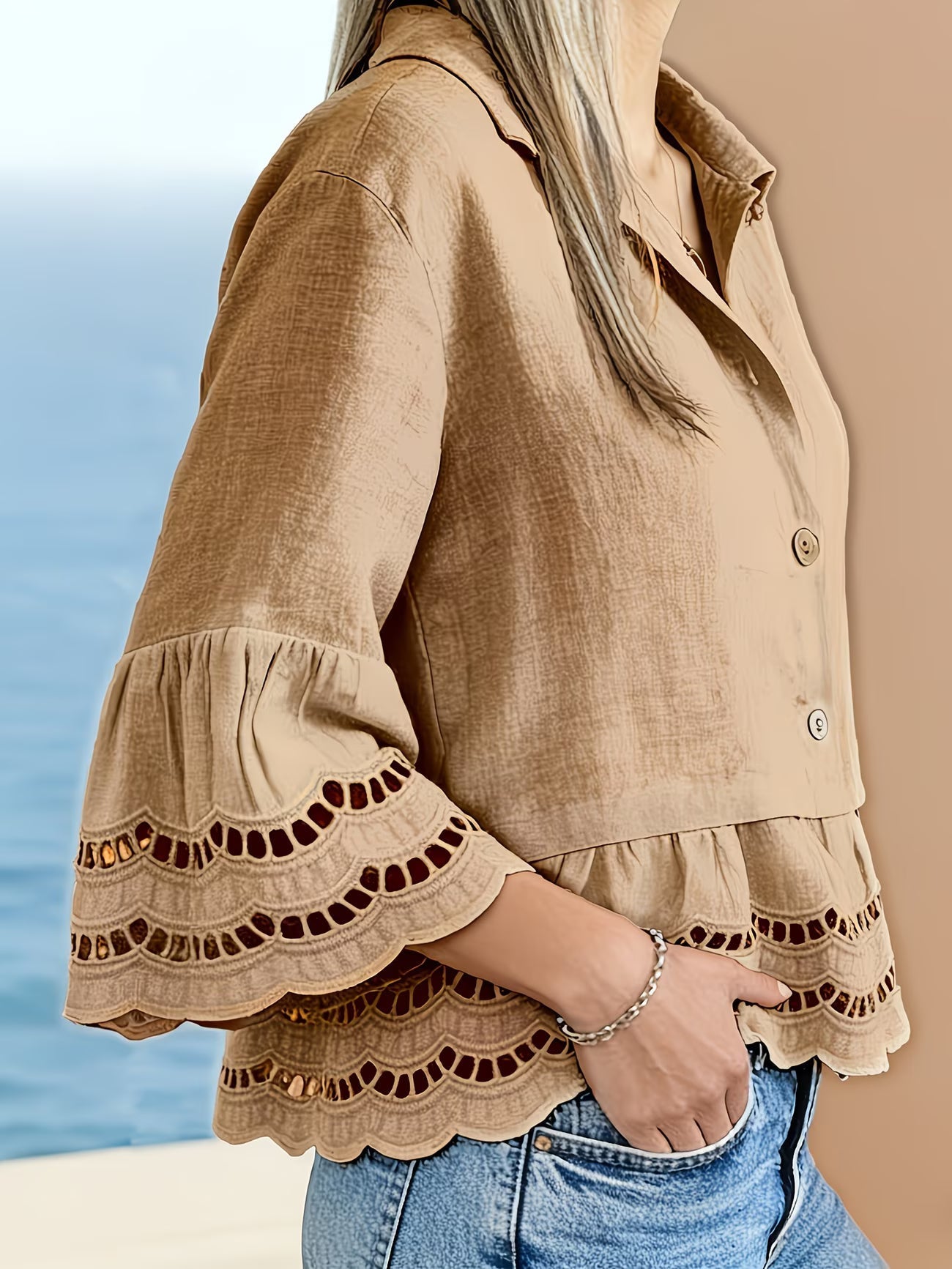 Solenn | Long Sleeve Lace Trim Button Blouse