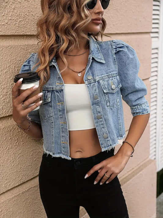Louise | Cropped Puff Sleeve Denim Jacket