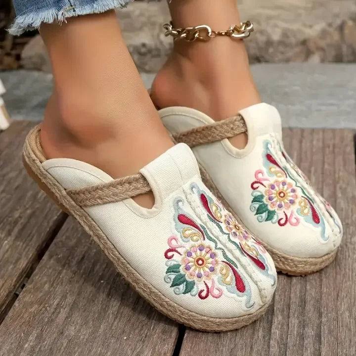 Katy | Floral Embroidered Cotton Mule Sandals
