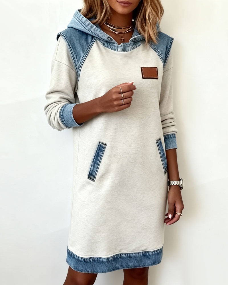 Viktoria - Hooded Denim Insert Midi Dress