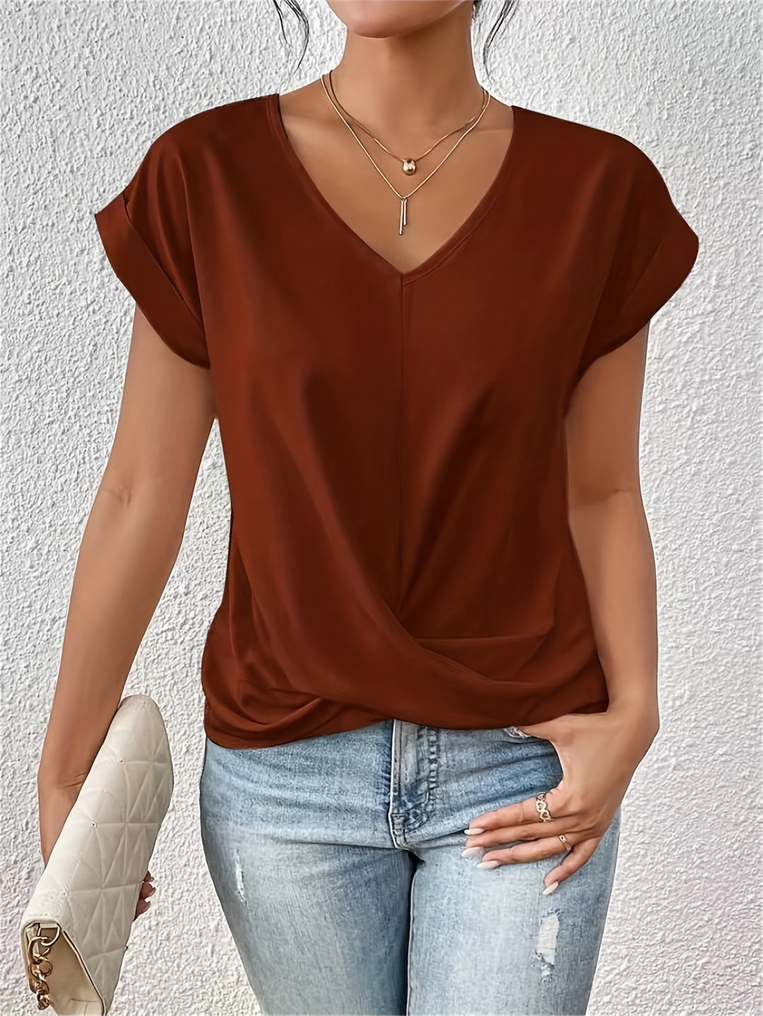 Tammana | Casual V-Neck Twist Front Short Sleeve Top