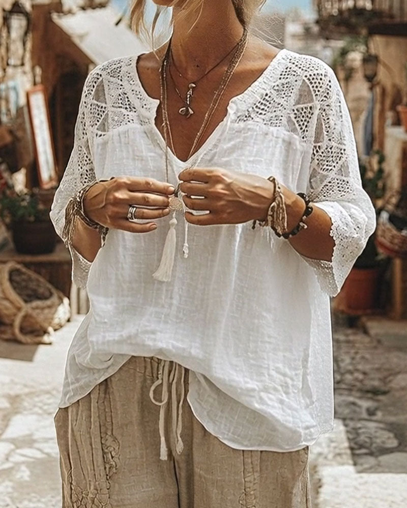 Essien - Lace Sleeve Loose Fit V Neck Blouse