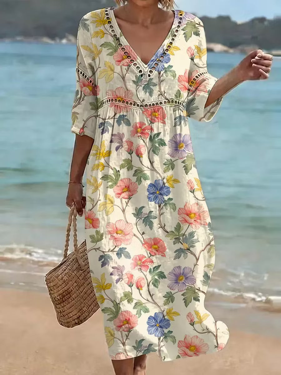 Nona | Floral V-Neck Half Sleeve Maxi Dress