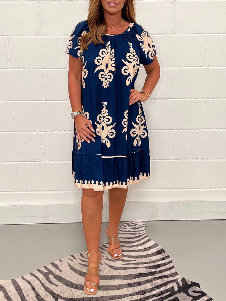 Gulfiya - Embroidered Print Round Neck Midi Dress