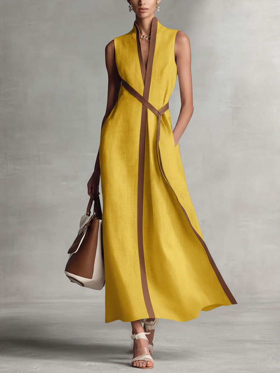 Hirusha | Sleeveless Linen Style Belted Maxi Dress