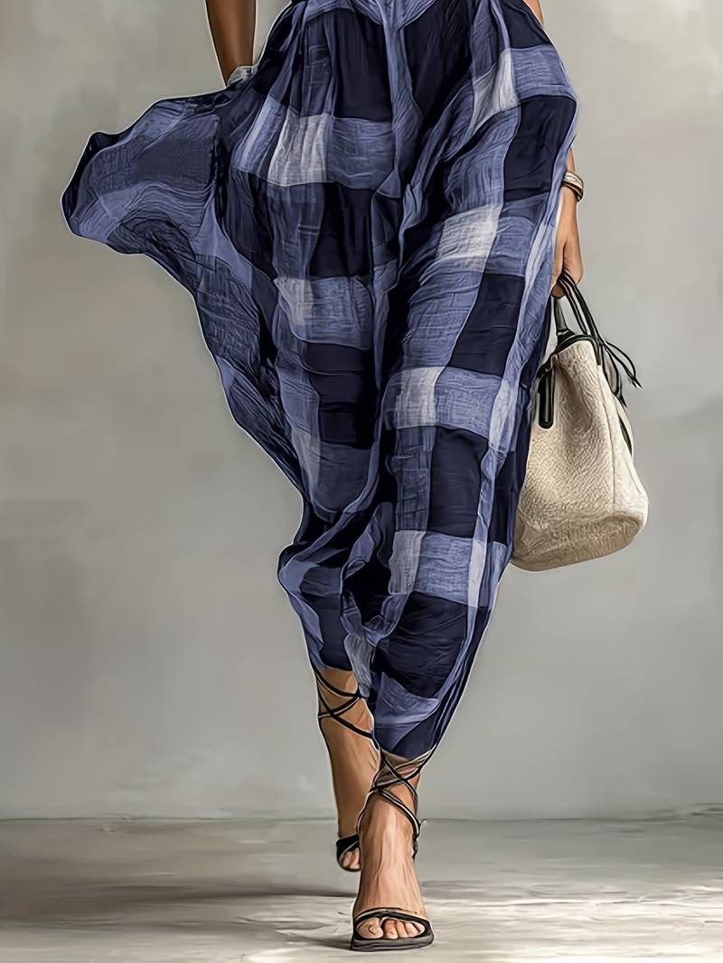 Nethara | High Neck Checked Belted Maxi Dress