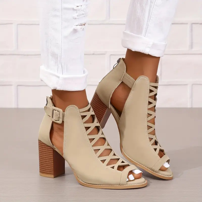 Ruzilya | Chunky Heel Peep Toe Lace-Up Sandals