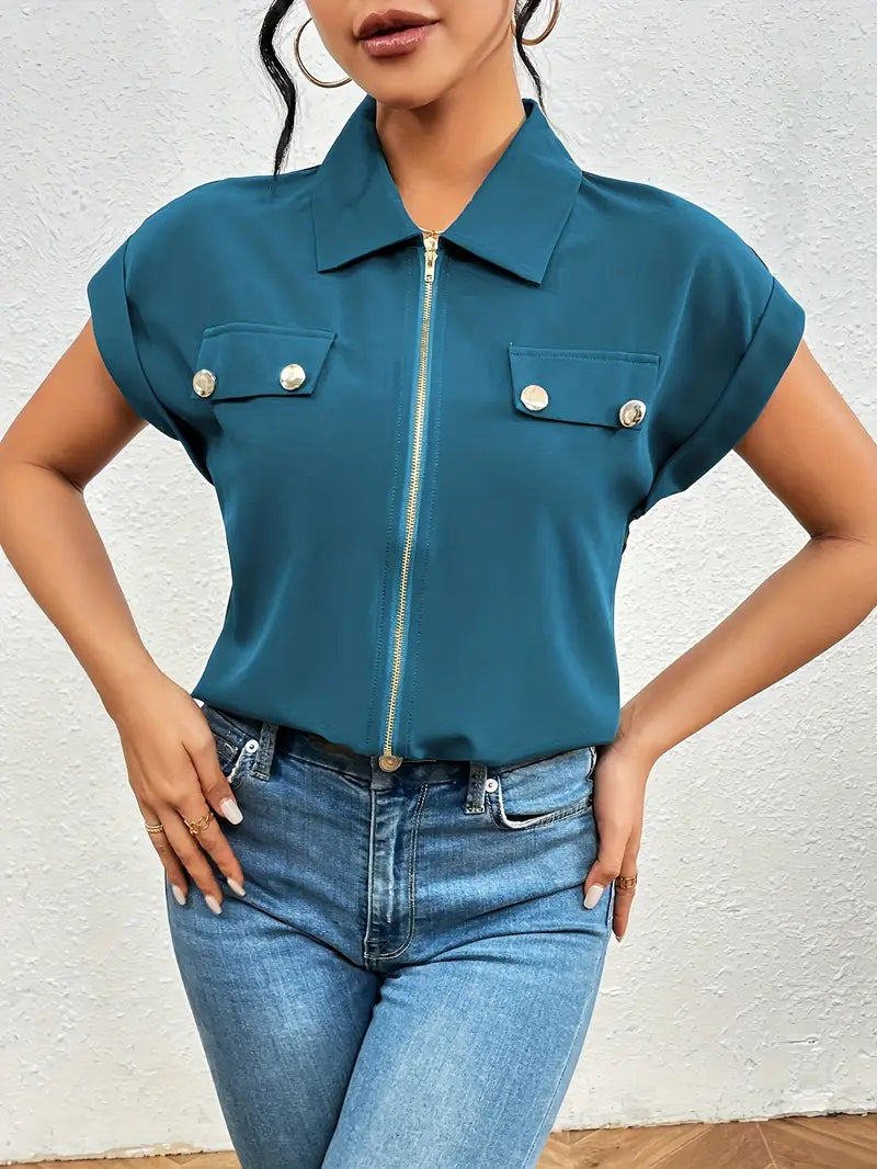 Alfano | Zip Front Collared Short Sleeve Blouse