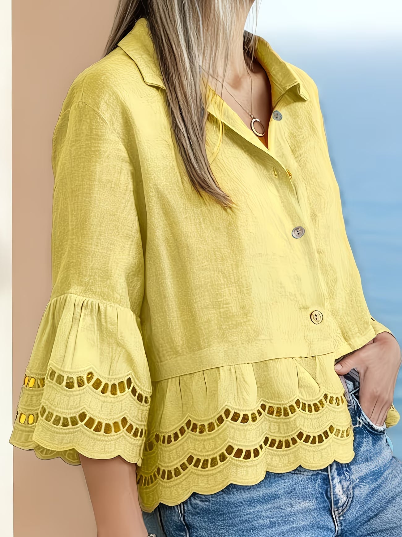 Solenn | Long Sleeve Lace Trim Button Blouse