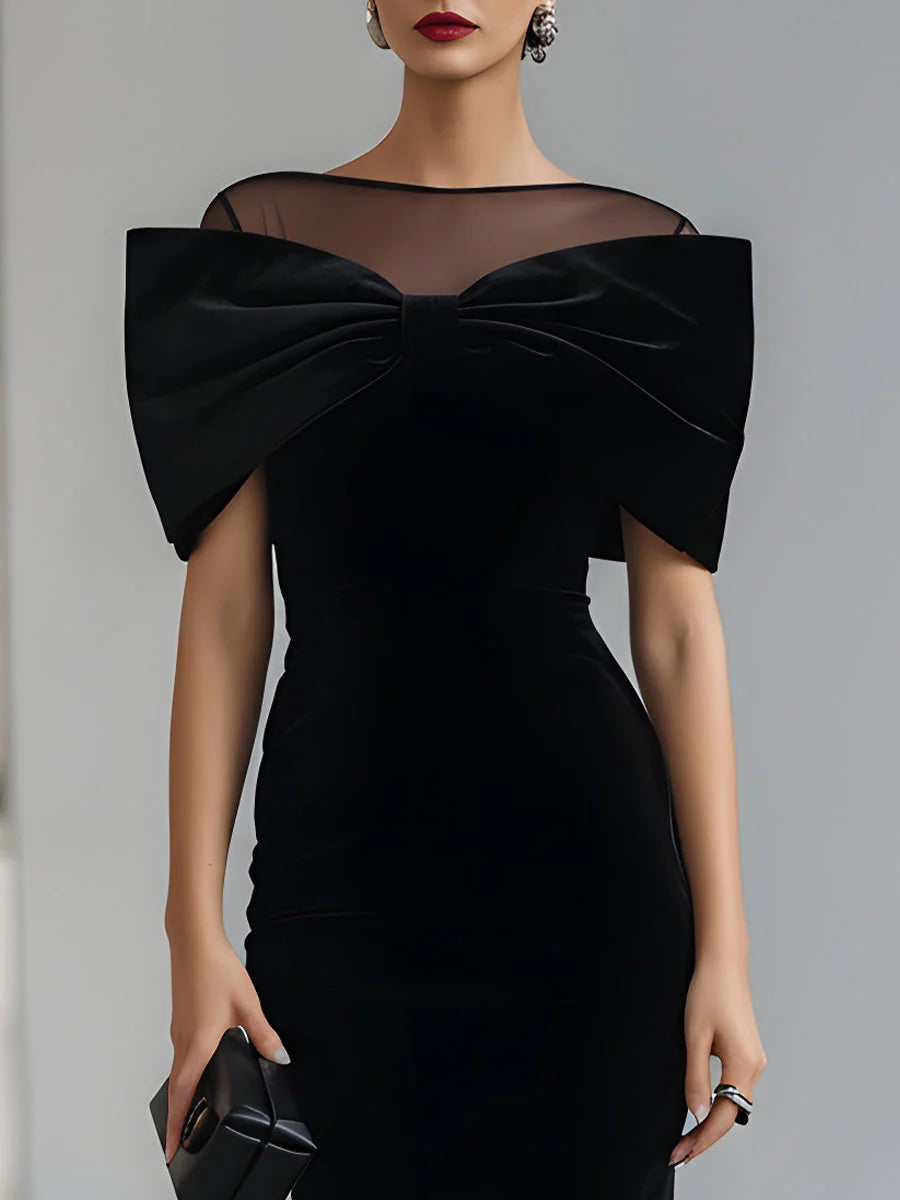 Inkeri | Black Mesh Neck Bow Midi Dress