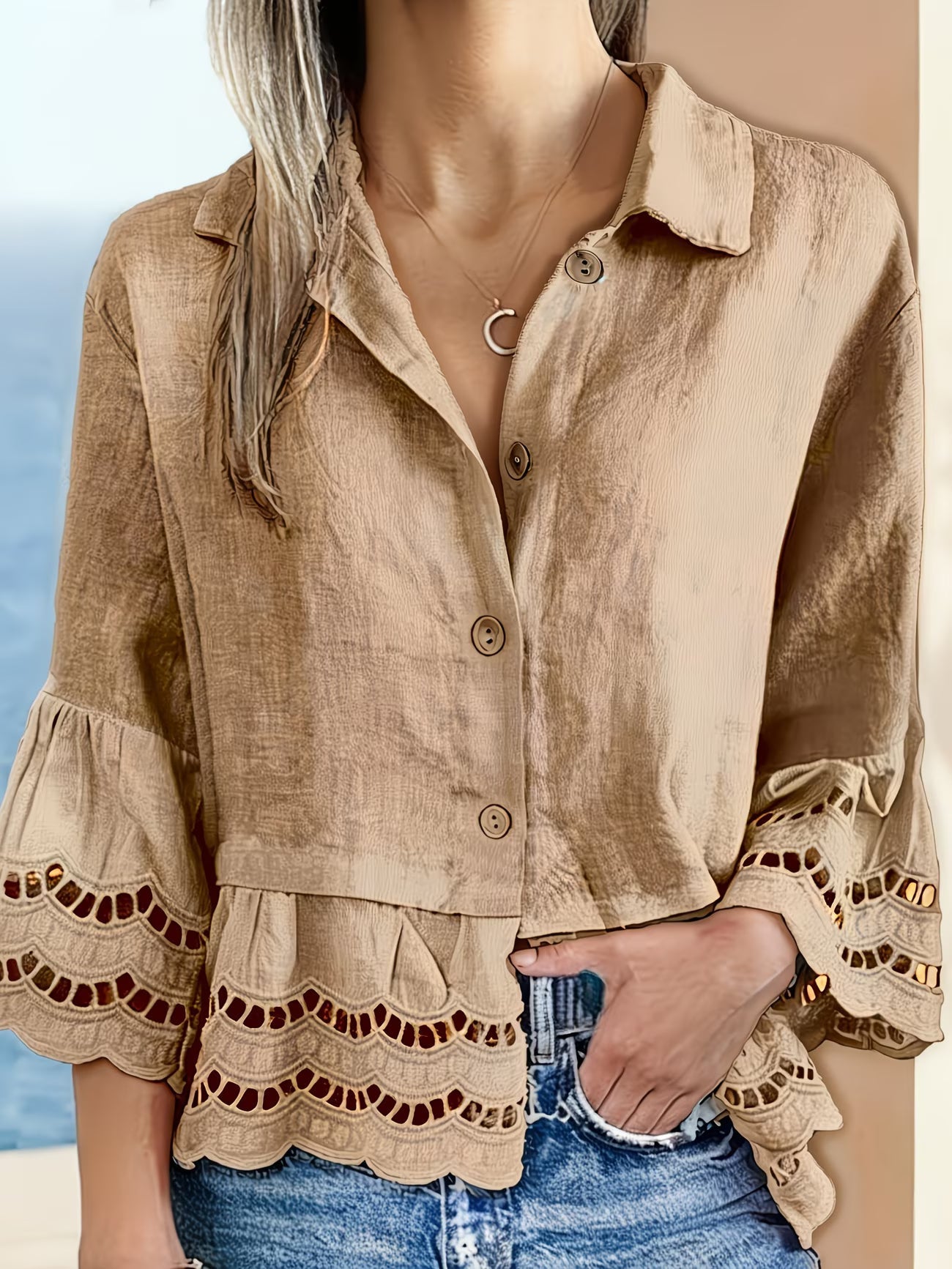 Solenn | Long Sleeve Lace Trim Button Blouse