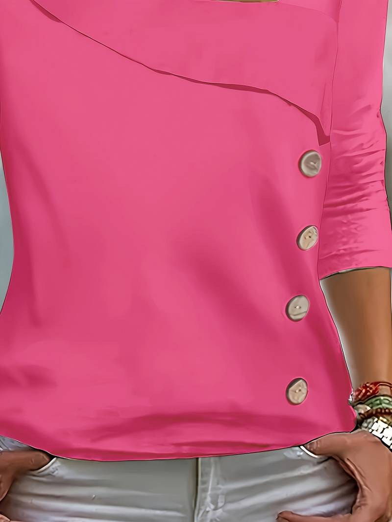 Chelsey | Asymmetrical Neck Button Detail T Shirt