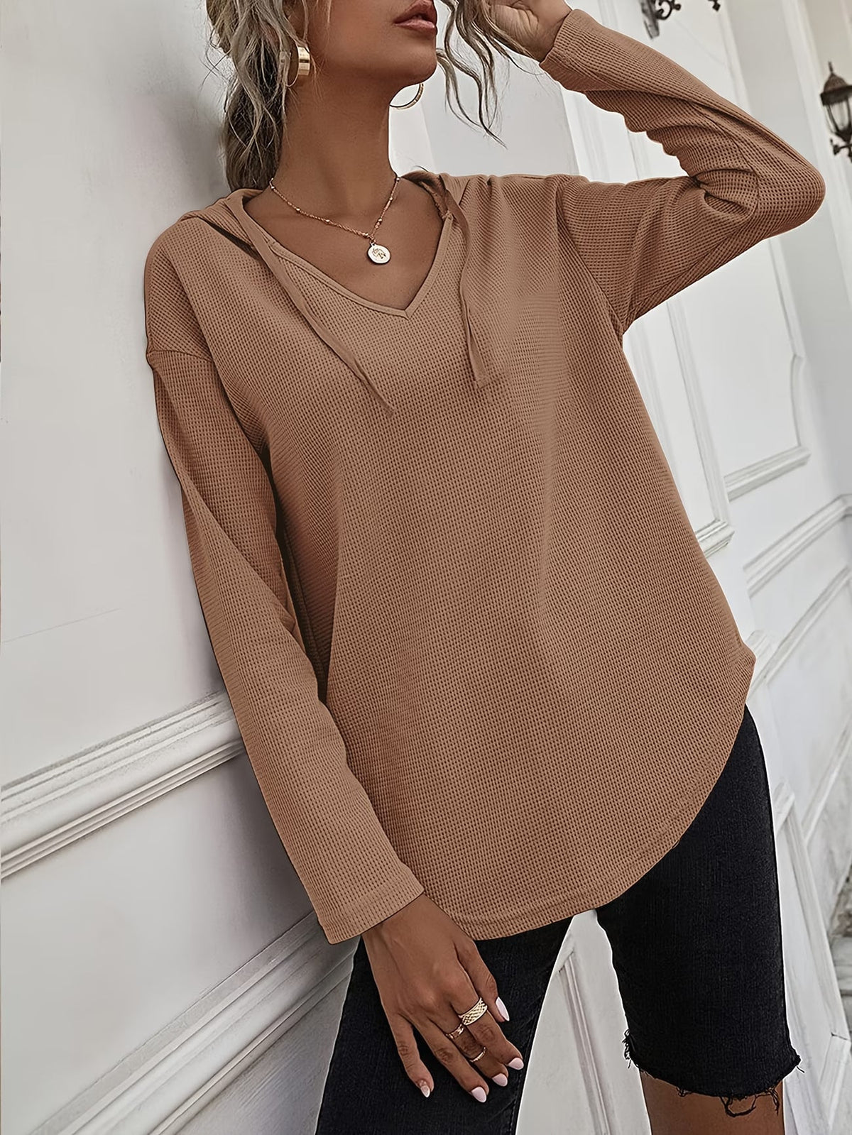 Laurette | Long Sleeve V-Neck Hoodie with Hood