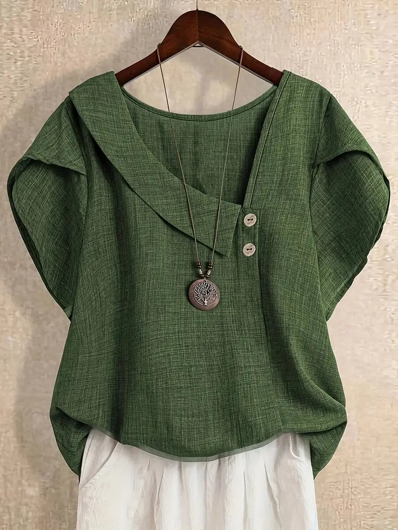 Milany | Linen Asymmetric Button Short Sleeve Blouse