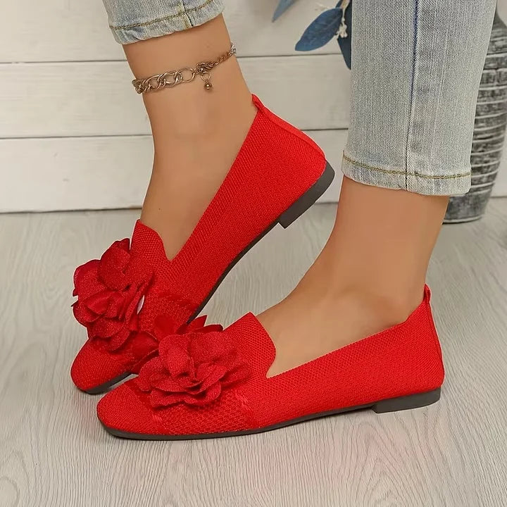 Catriona | Flower Knit Square Toe Ballet Flats