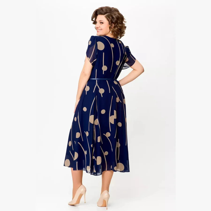 Nazeli | Midi Dress Navy Abstract Dot Short Sleeve