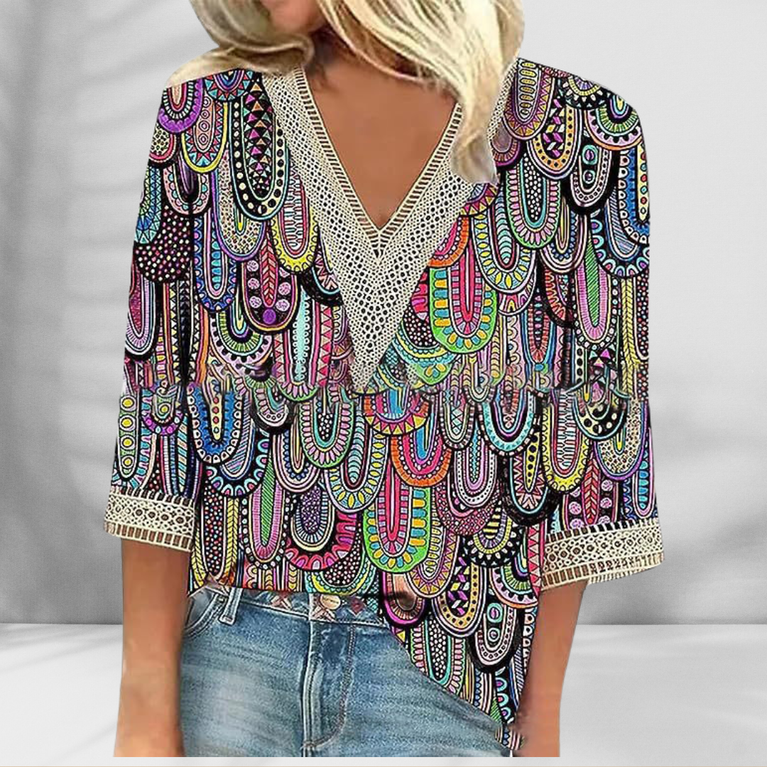 Maricela | Blouse V Neck Printed Lace Trim