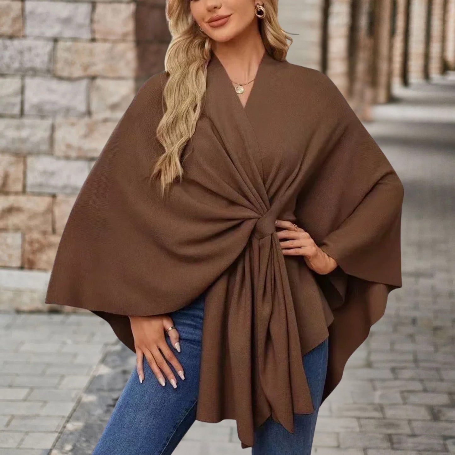 Helin | Knotted Front Wrap Knit Poncho