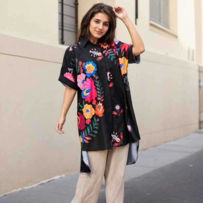 Rossella | Floral Print Short Sleeve Long Shirt