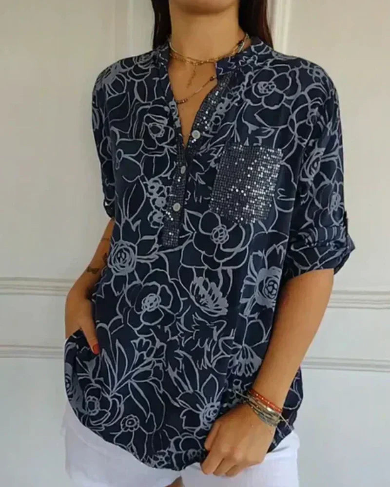 Narese | Floral Print V-Neck Roll Sleeve Blouse
