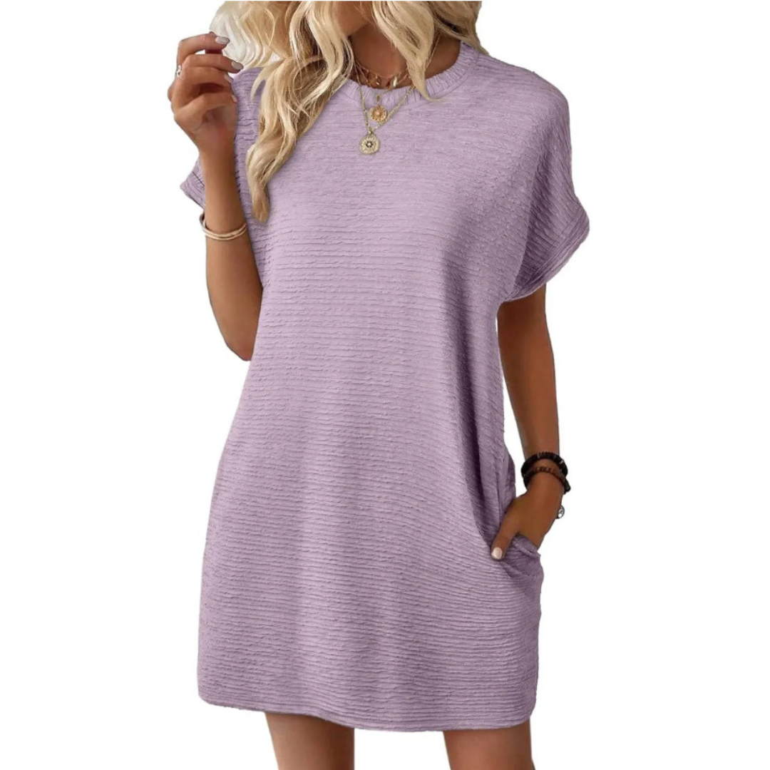 Elviaa - Short Sleeve Textured Pocket Mini Dress