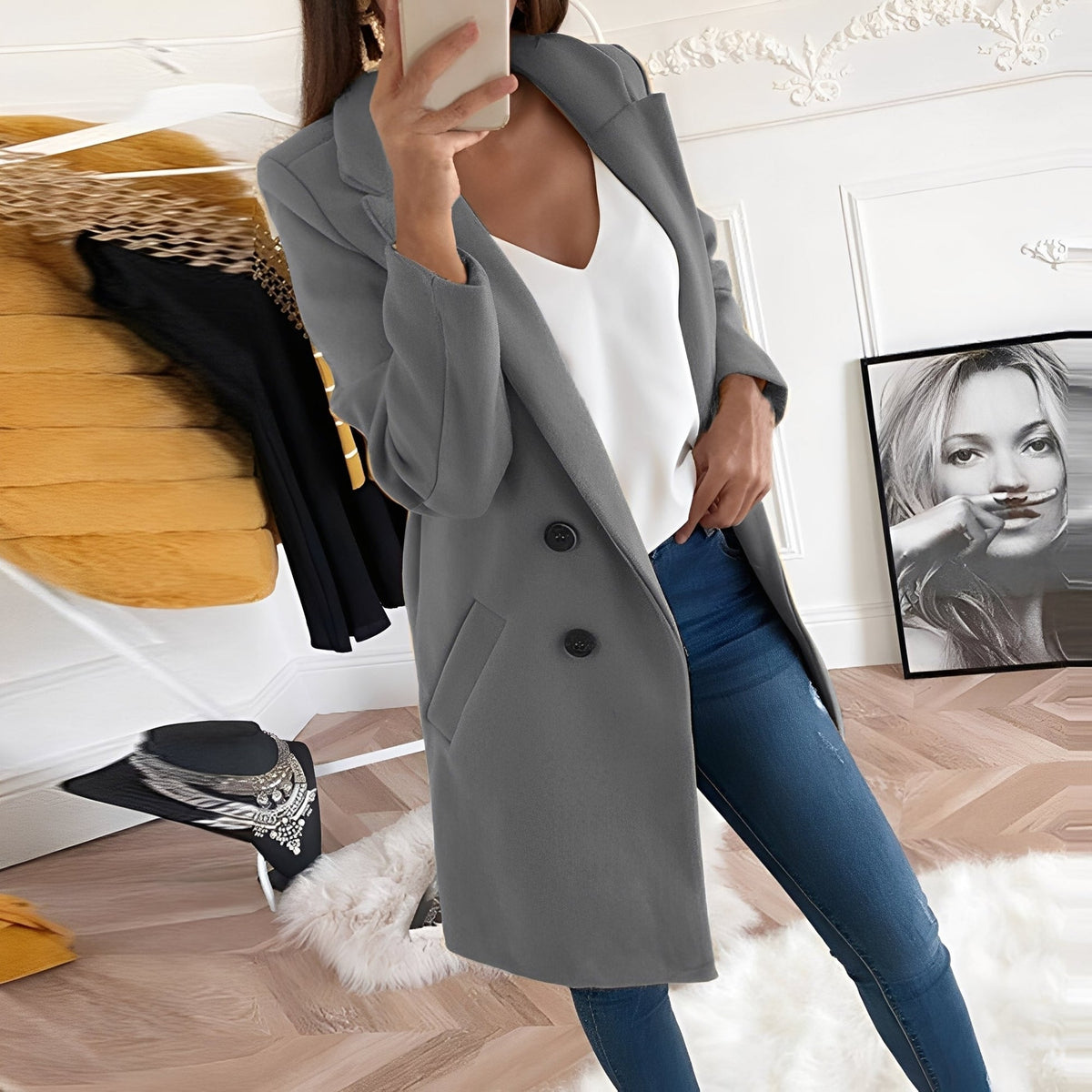 Casey | Thigh Length Coat with Notched Lapels
