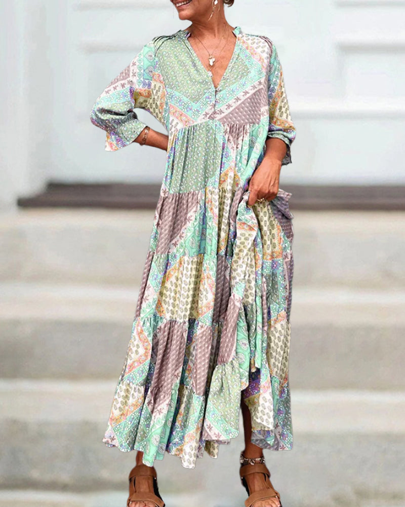 Gunilla |  Patchwork Print V-Neck Maxi Dress