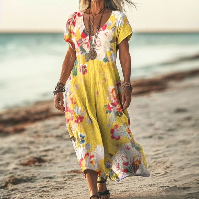 Nelda | Floral Print V-Neck Midi Dress