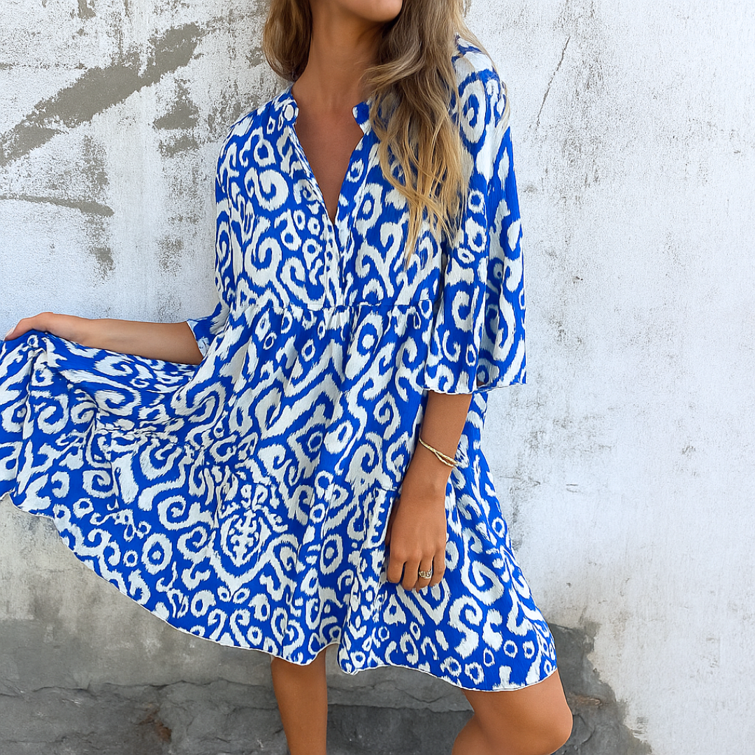 Shaffer | Printed V-Neck Smock Midi Dress