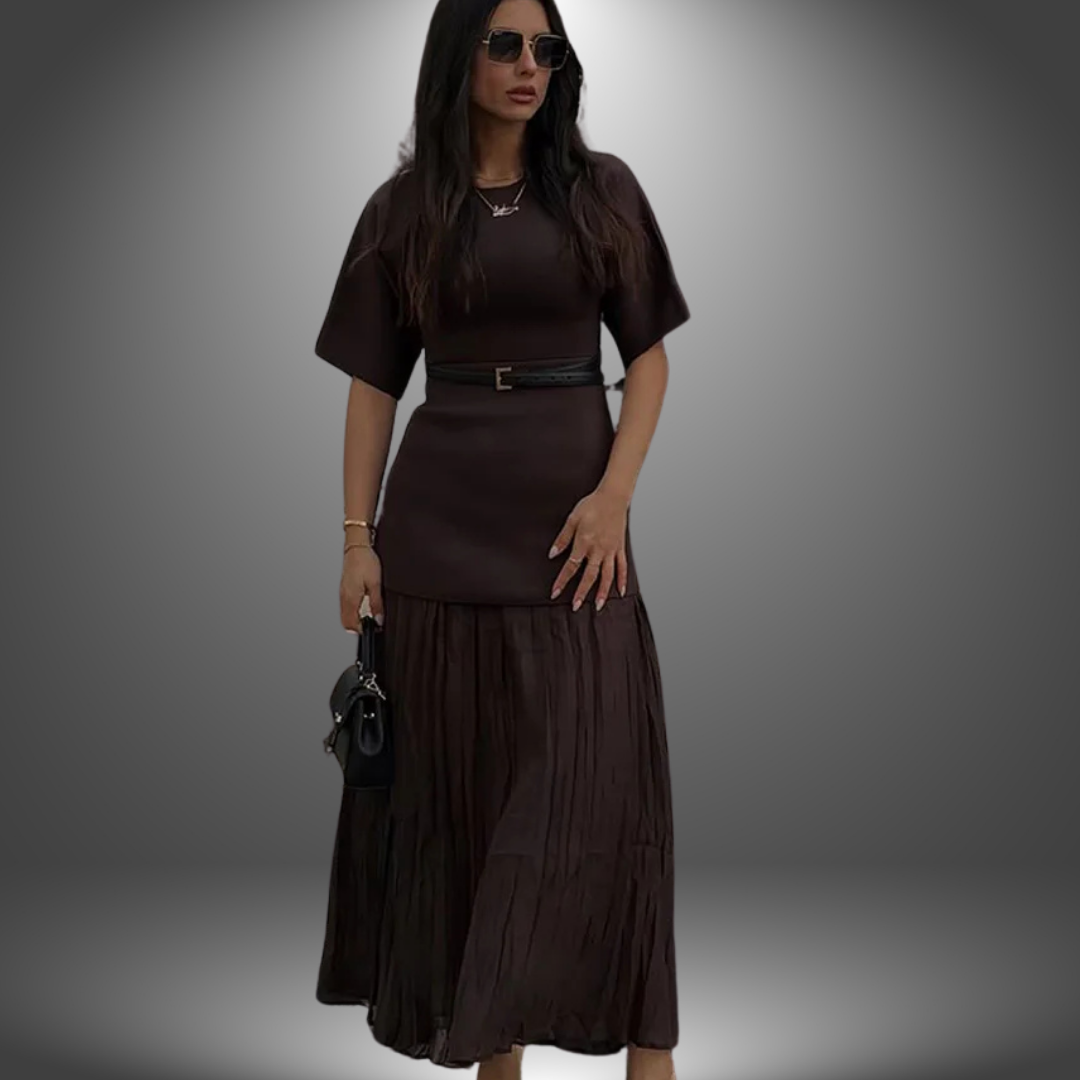 Valentina | Pleated Midi Dress Long Sleeve Belted