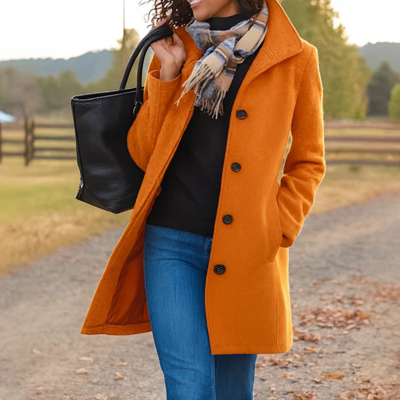 Quendra | Long Sleeve Button Front Mid-Length Coat