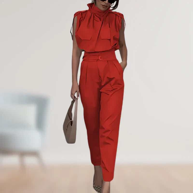 Reinhild | Sleeveless High Neck Belted Two Piece Set
