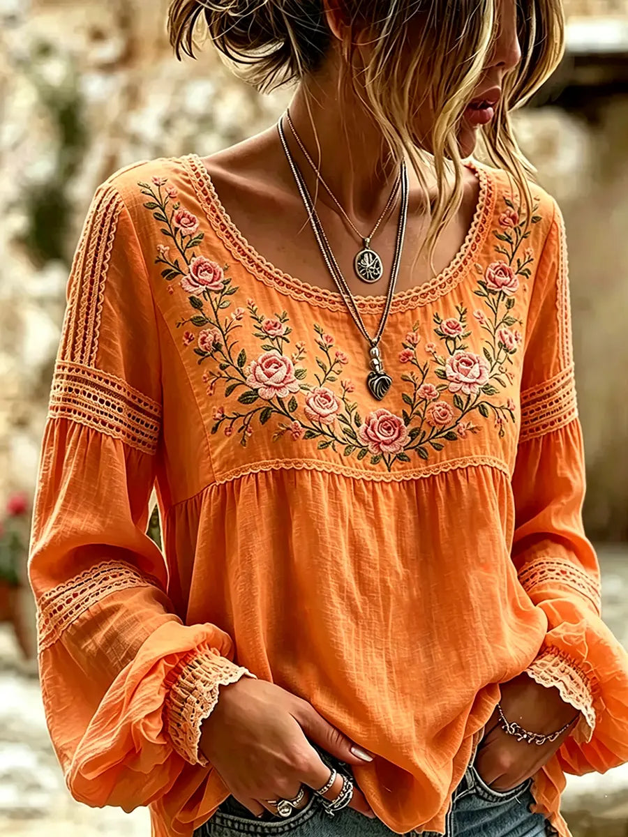 Esraa | Floral Embroidered Lace Trim Blouse