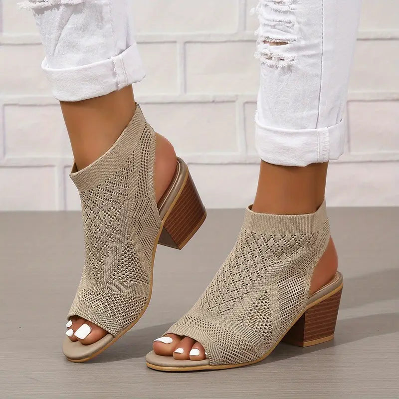 Velina | Black Knitted Peep Toe Block Heel Sandals