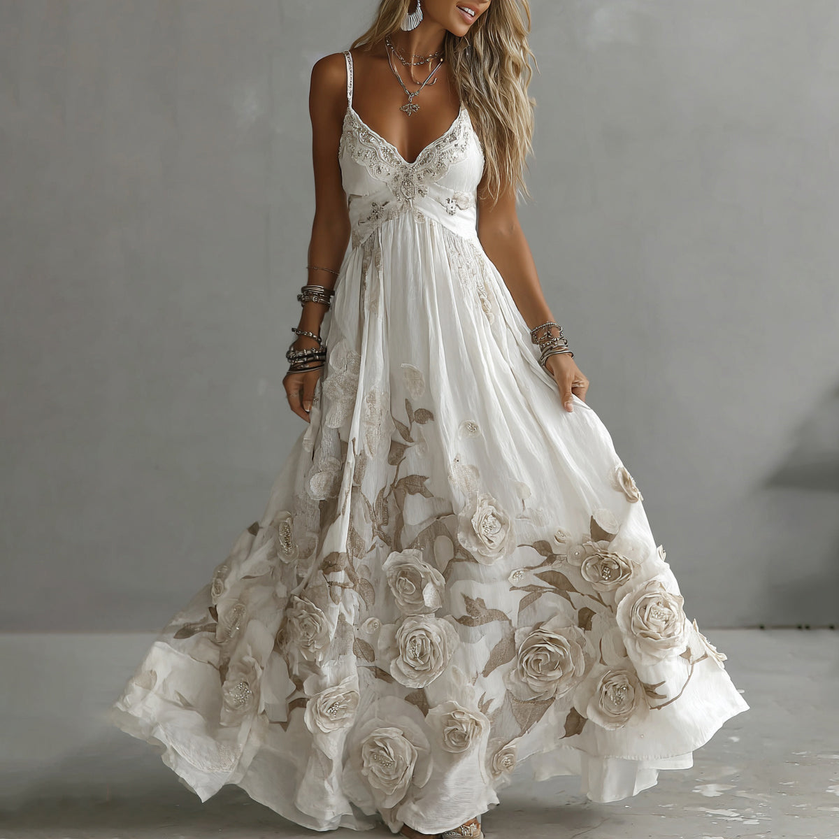 Adeluna | Floral Embroidered V Neck Maxi Dress