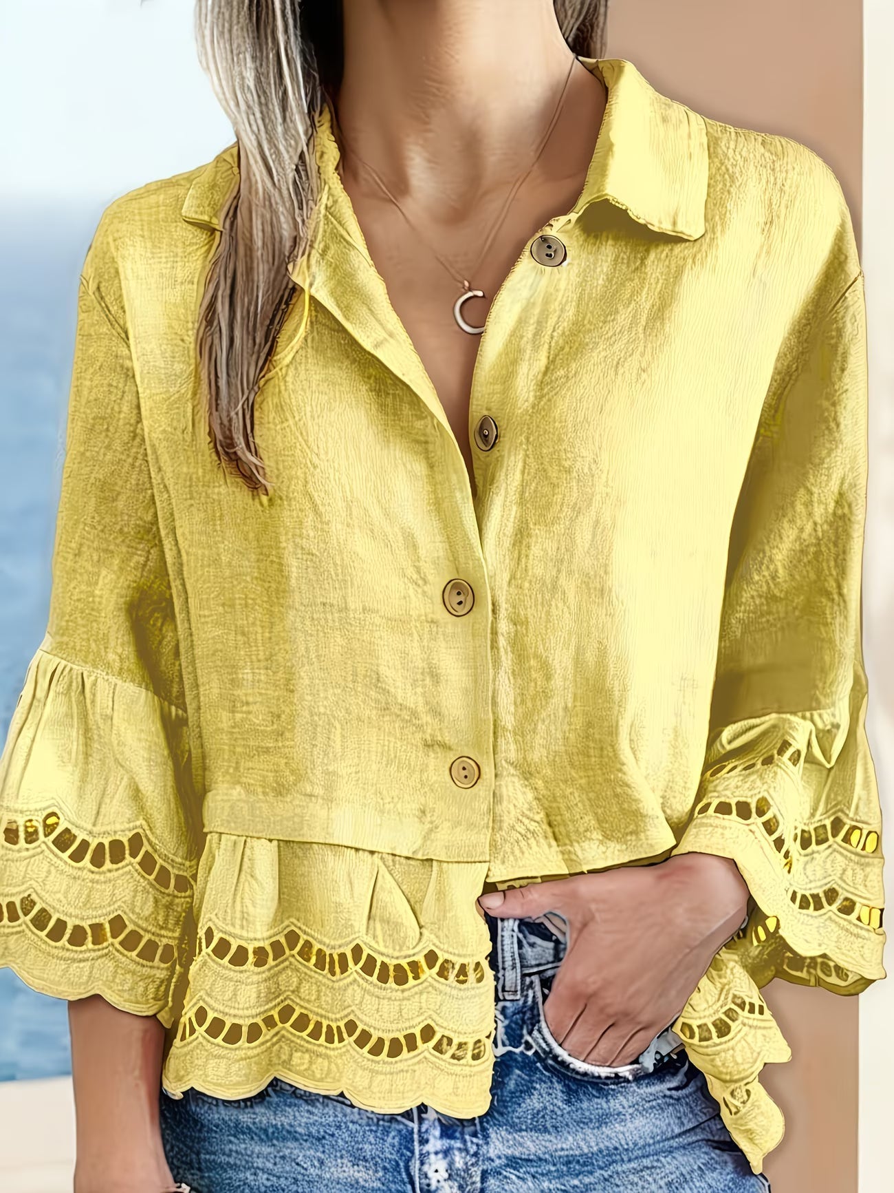 Solenn | Long Sleeve Lace Trim Button Blouse
